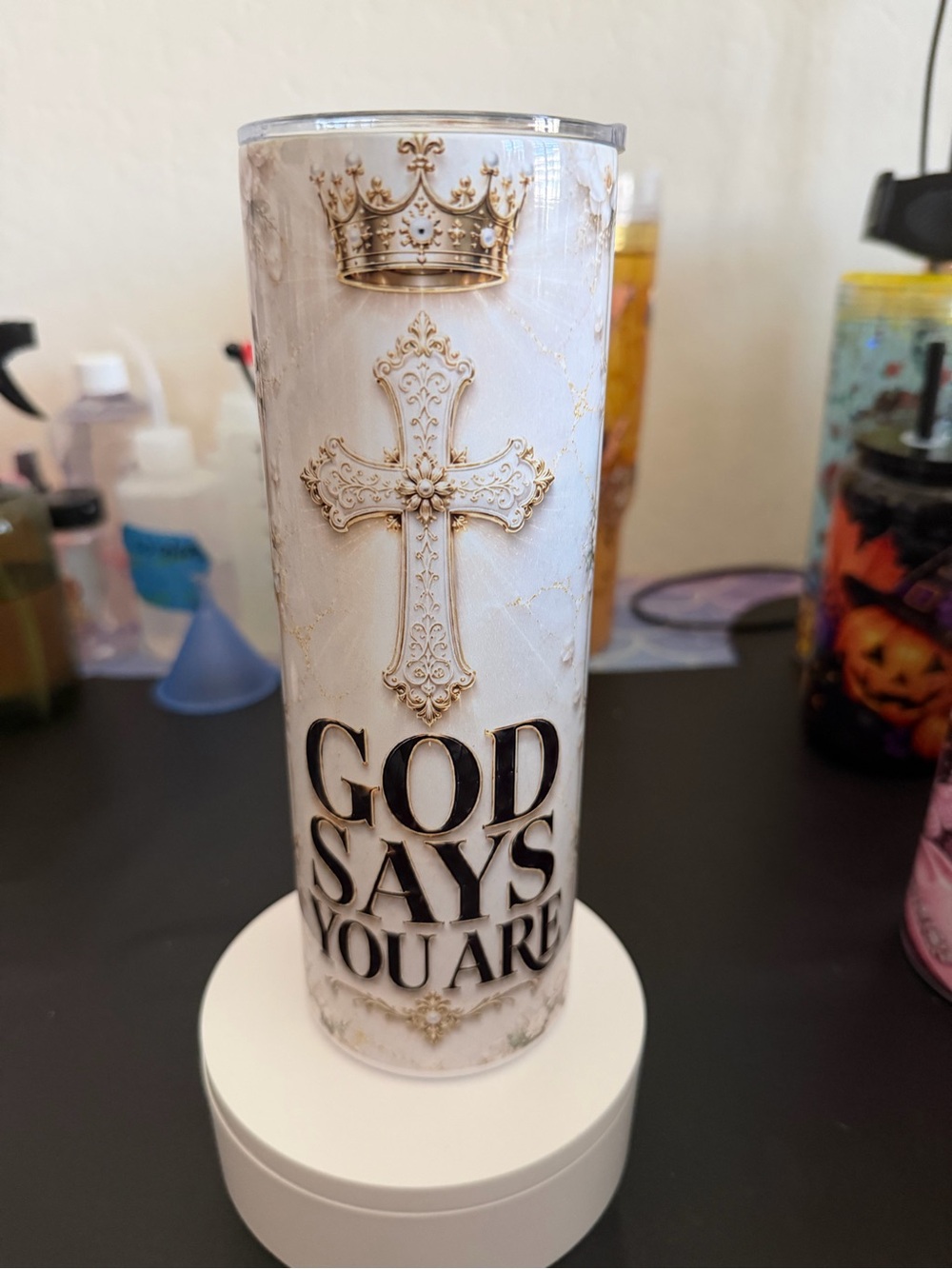 Inspirational White and Gold Decorative Tumbler – Faith Message 20 oz stainless